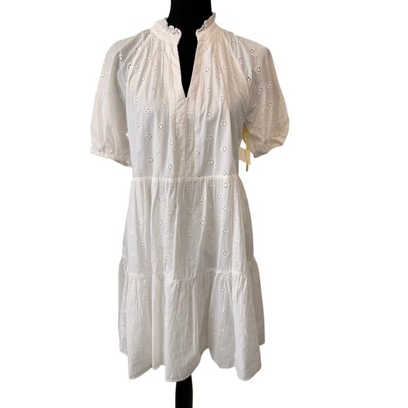 CeCe Dresses & Skirts - New CECE Women's White Eyelet Tiered Ruffle Neck Mini Dress Size M